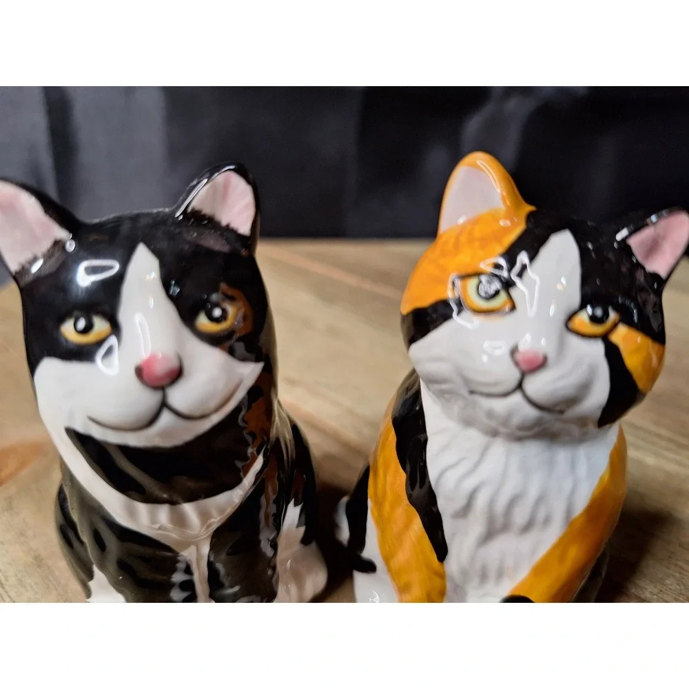 Tuxedo and Calico Cat Ceramic Salt and Pepper Shakers Set Black White Orange